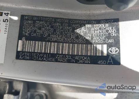 2007 Toyota Corolla Ce from USA, damaged, VIN JTDBR32E370129353